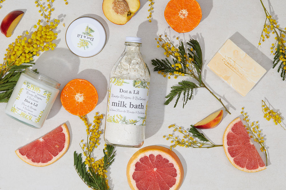 mimosa blossom & nectarine soap, milk bath, candle