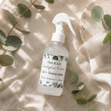 Flat lay of Dot & Lil Eucalyptus & Lime Air + Linen Mist in a frosted glass bottle with eucalyptus leaves.