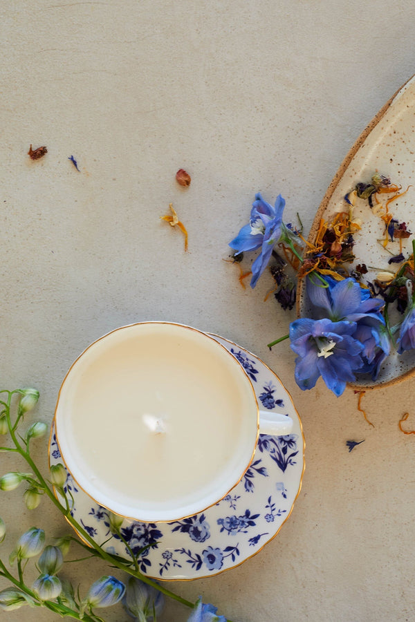 NEW Dot & Lil teacup + saucer peony & olive leaf candle boxed set