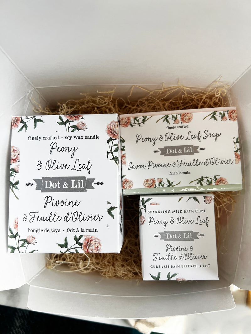 ensemble cadeau bougie, savon et cube de bain